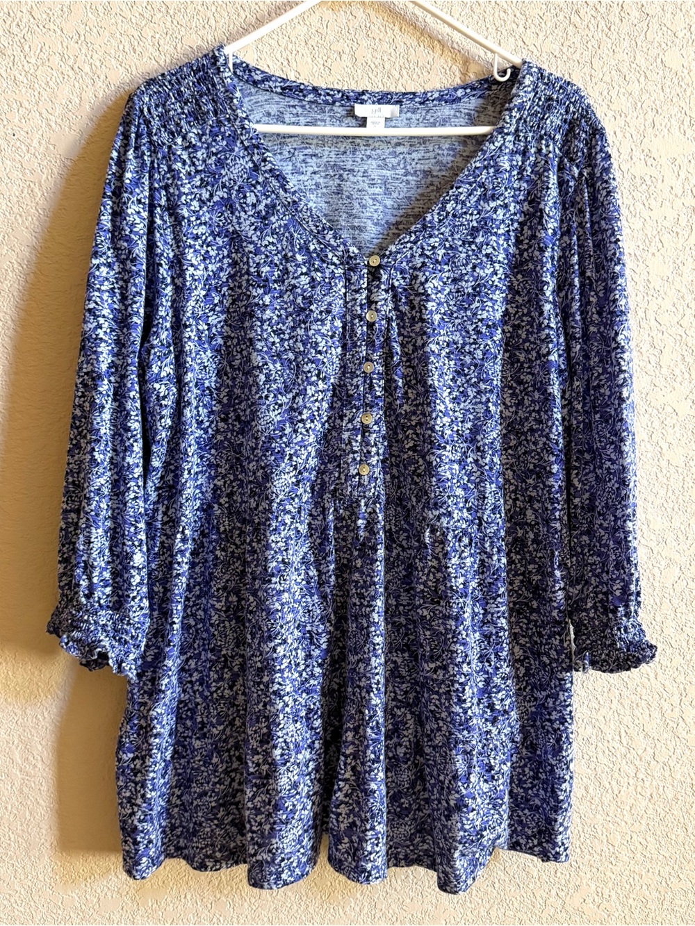 J Jill Tunic Top Womens XL Blue Floral Tiered 3/4 Sleeve Cotton Blend Oversized